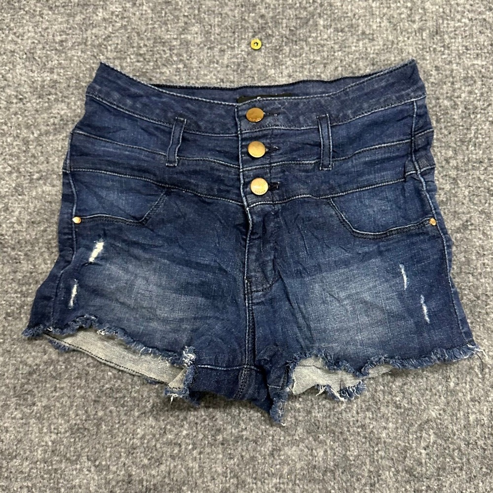 Refuge Denim Shorts Womens Size 2 Dark Wash High Waisted Triple Button Raw Hem